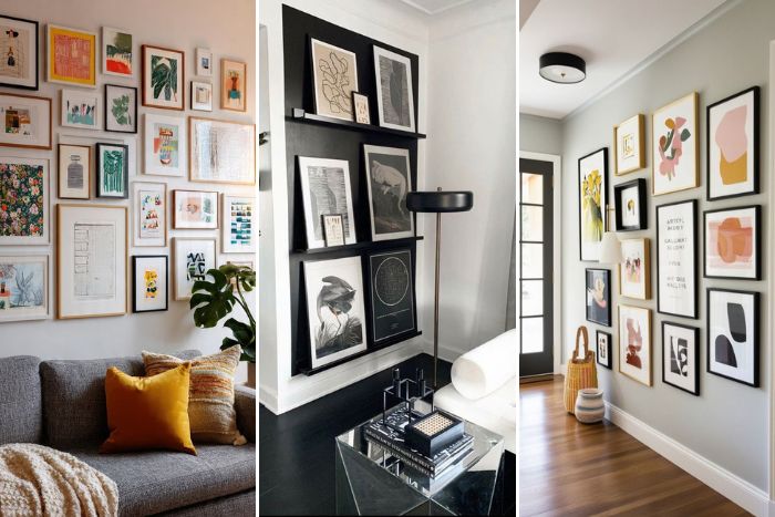 Galley wall ideas showing a display behind a sofa, a black feature wall and a hallway