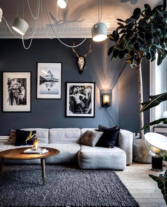 Moody Room Designs That You Will Love For The Winter Season - Blue Living Room And White Washed Floors