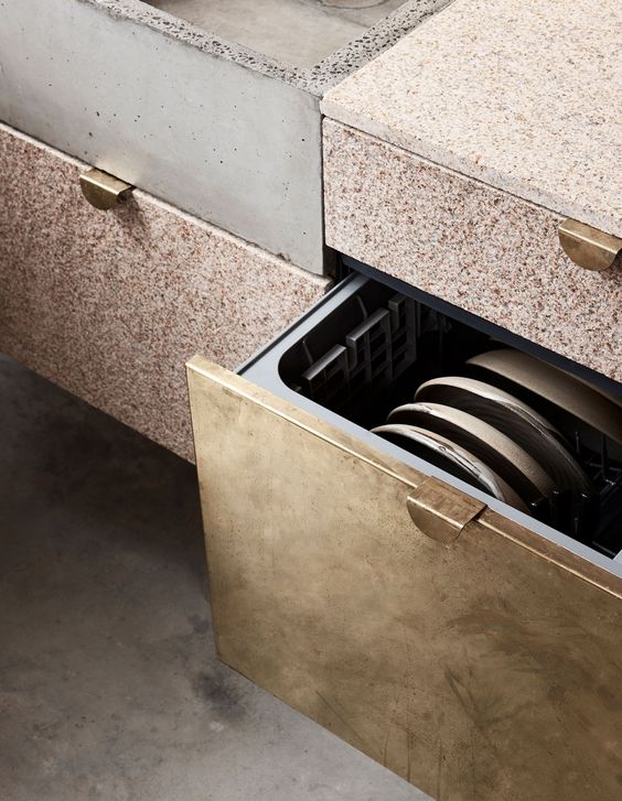 Kitchen Cabinet Drawers Design - August Pinterest 2020: Top 15 Inspiration & Ideas: A beautiful kitchen design by Studio Moore using brass, and coloured speckled stone drawers integrated with a concrete sink and the drawers finished with brass pulls. @chloedominik #brasspulls #brasspullskitchen #kitchenmillworkdesign #concretesinkkitchen #studiomoore #modernkitchenfinishes