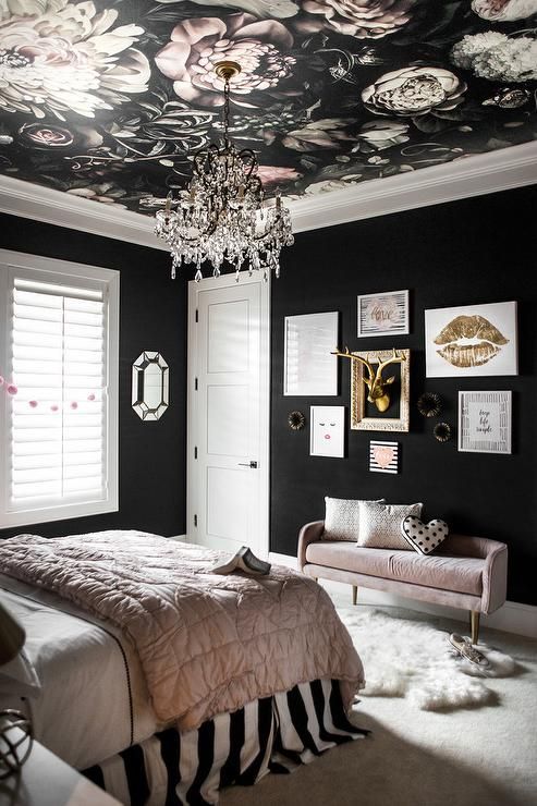 Black Floral Bedroom Ceiling - 20 Amazing Statement Ceiling Design Ideas For Your Home: An elegant bedroom design using black for the walls and opting for a moody black floral wallpaper design on the ceiling which and beautiful chandelier which brings the whole bedroom together. Design by Judith Balis Interiors. @chloedominik #blackbedroom #blackbedroomideas #blackbedroominteriors #floralceilingwallpaper #elegantblackbedroom