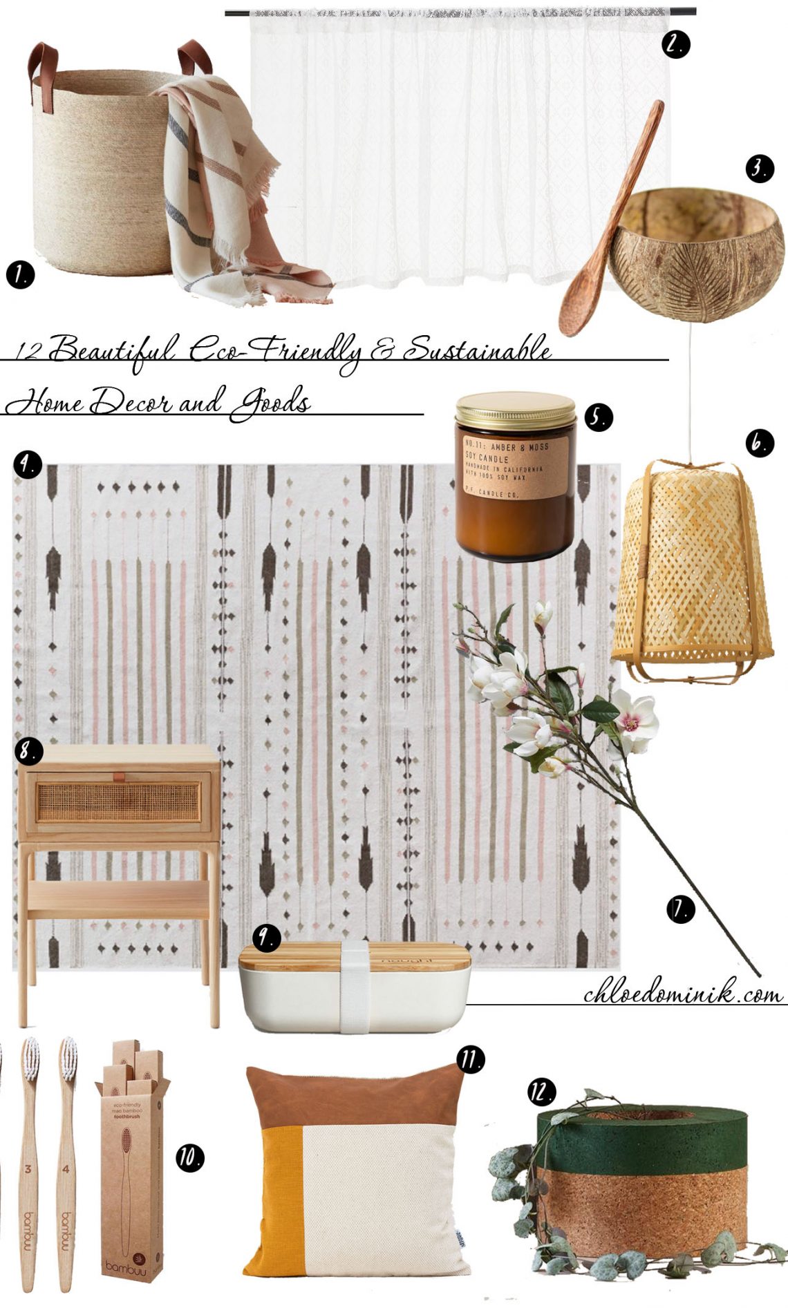12 Beautiful Eco-Friendly & Sustainable Home Decor and Goods: Adopting a sustainable and eco-friendly life is becoming more thought about in everyday life shifting to all areas of life, home decor and goods included. Here are some beautiful home decor and items for around the home you'll love! @chloedominik #sustainablehomedecor #sustainablehomedecorideas #ecofriendlydecor #sustainablehome #sustainableliving #homedecorecofriendly