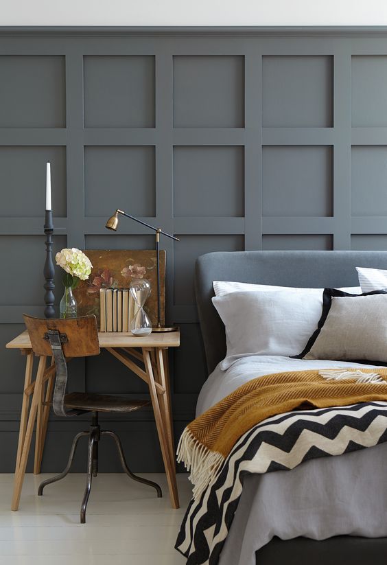 Square Panel Bedroom Wall - 17 Interiors That Will Make You Fall in Love With Panelled Walls: A traditional panel square featured wall for the feature wall of the bedroom. Painted in a mid toned grey for a dramatic and bold look. @chloedominik #panelledwalls #panelledwallbedroom #panelledwallbedroomideas #squarepanelwall #squarepanellingbedroom #panelledinteriors #panelledinteriorwalls #panelwallideas #panelwalldesigns
