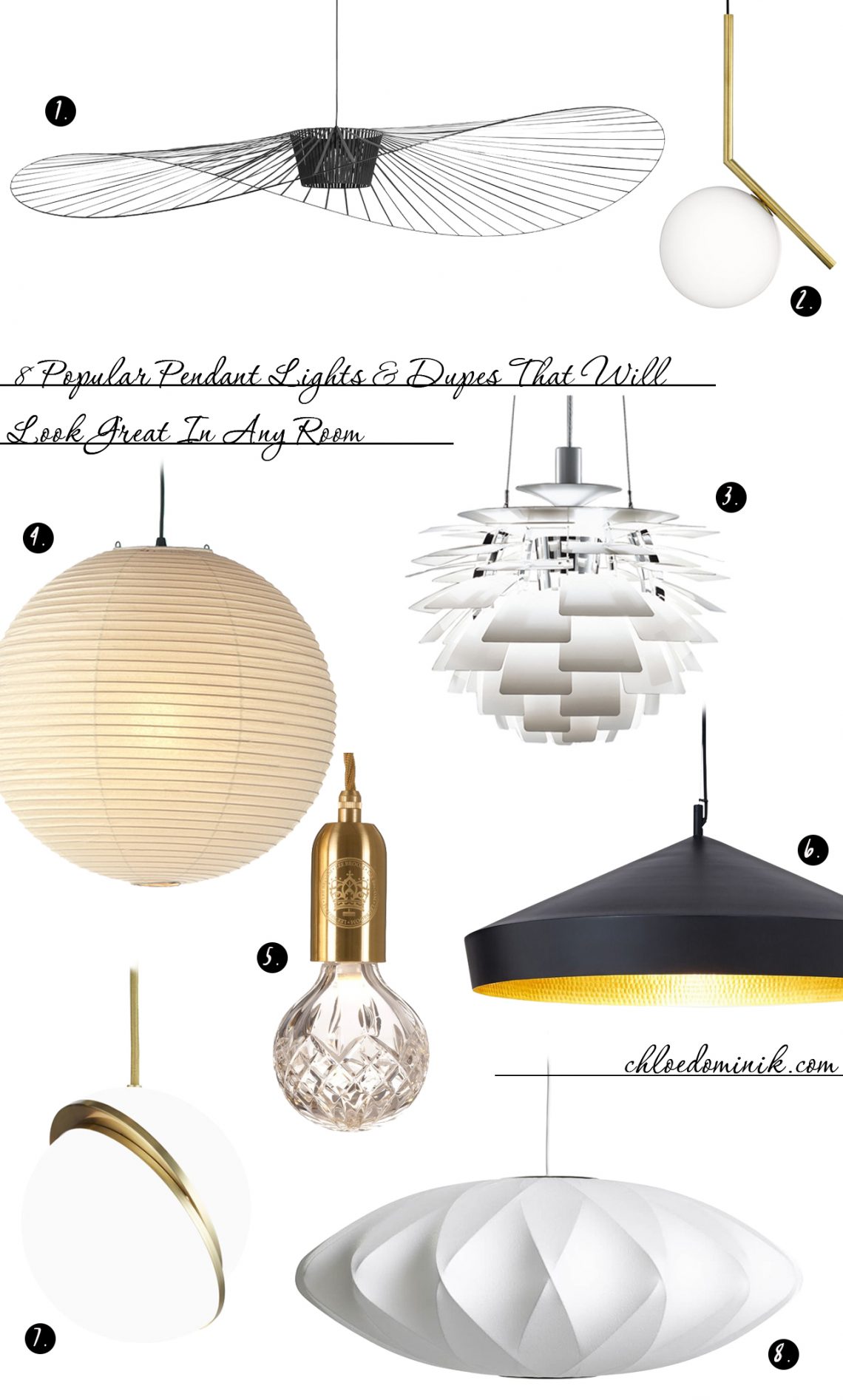 8 Popular Pendant Lights & Dupes That Will Look Great In Any Room: When it comes to interiors there are some things that can make or break the space, light fixtures being one of them! Here are 8 of some of the most popular pendant light fixtures in interior design that work great in any room space. These include designer pendant light fixtures and other alternatives to achieve a similar look. @chloedominik #pendantlights #pendantlightfixtures #popularlightfixtures #pendantlightdesign
