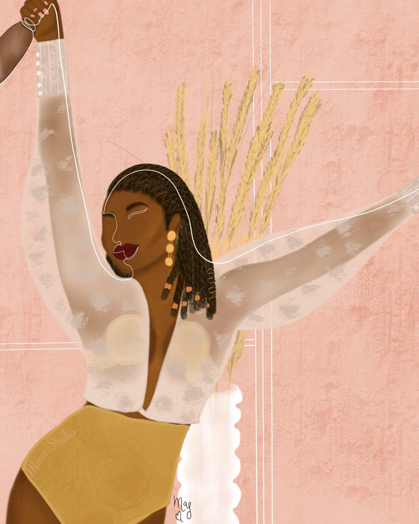 Black Woman Joy - Bold & Beautiful Togo Inspired - Featured Artist: Manue Akue-Gedu: An illustration of a black woman joyfully celebrating with minimal line work incorporated in the painting on a pink background. Art by illustrator Manue Akue-Gedu. @chloedominik #blackartists #blackartwork #blackillustrationart #blackillustrationgirl #blackwomanillustrationart #togoafricaart #africanillustrators