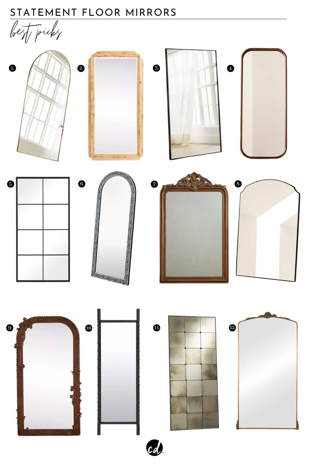 Statement Floor Mirrors: Best Picks
1. Stowe Arch Mirror || 2. Betti Burl Wood Floor Mirror || 3. Berke Floor Mirror || 4. Saone Acacia Wood Full-Length Floor Mirror || 5. Alice Modular Windowpane Mirror || 6. Bone Inlay Arched Mirror || 7. Constantine Floor Mirror || 8. Emmy Black Floor Mirror || 9. Bernadette Carved Wood Floor Mirror || 10. Galey Alix Bennet Full-Length Mirror || 11. Markle Square Mirror || 12. Casserly Full Length Mirror
shop @chloe_dominik LTK