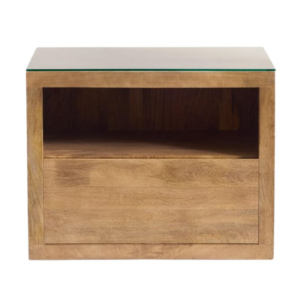 Cayman Wood single drawer Nightstand with glass top from Pottery Barn