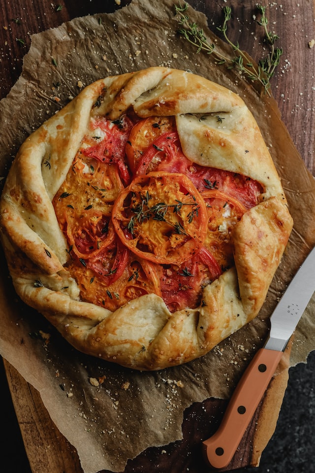 Tomato bread tart sprinkled with thyme