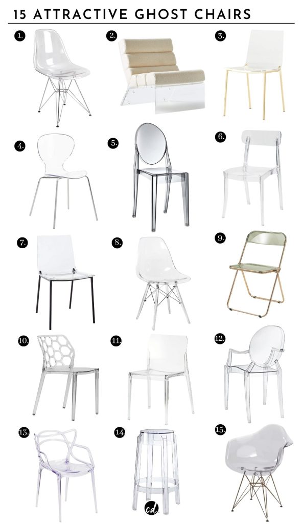 Ghost Chairs & Lucite Chair Alternatives:
1. Paris Tower Acrylic Dining Chair | 2. Markus Acrylic Lounge Chair | 3. Chiaro Clear Modern Chair Gold | 4. Eudora Stacking Clear Side Chair | 5. Ghost Side Chair Transparent Crystal | 6. Goku Clear Wing Back Stacking Chair | 7. Chiaro Clear Modern Chair Black | 8. Acrylic Transparent Dining Chair | 9. Lawrence Acrylic Folding Chair | 10. Honeycomb Plastic Dining Chair | 11. Bolla Modern Clear Dining Chair | 12. Alviya Transparent Armchair | 13. Mashpee Stacking Armchair | 14. Casper Clear Modern Stool | 15. Helskdg Transparent Side Chair With Arms