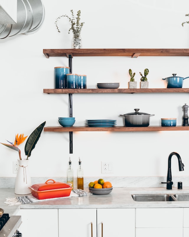 Exposed kitchen shelves idea for kitchen with no upper cabinets