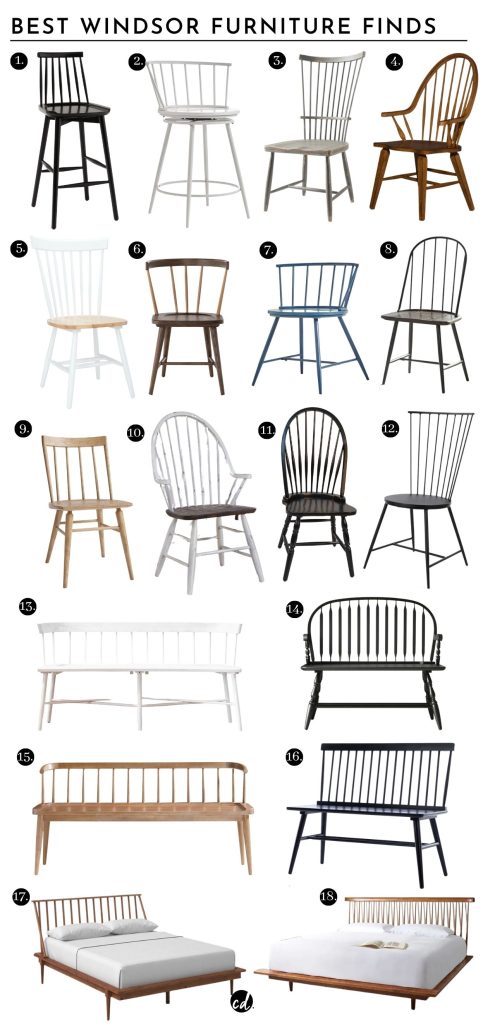 Best Windsor Furniture Finds 1 Windsor Counter Stool | 2. Swivel Counter Stool | 3. Solid Wood Windsor Back Chair | 4. Tobacco & Black Windsor Armchair | 5. White & Natural Spindle Dining Chairs | 6. Cora Dining Chair | 7. Metal Side Chair | 8. Mixed Media Dining Chairs | 9. Shay Dining Chair | 10. White Grayish Brown Windsor Back Armchair | 11. Windsor Antique Black Dining Chair | 12. Bryce Dining Chair | 13. Reeves Bench | 14. Lisle Wood Bench | 15. Pali Wood Dining Bench | 16. Hadiya Solid Wood Bench | 17. Henline Solid Wood Spindle Bed | 18. Solid Wood Bed  