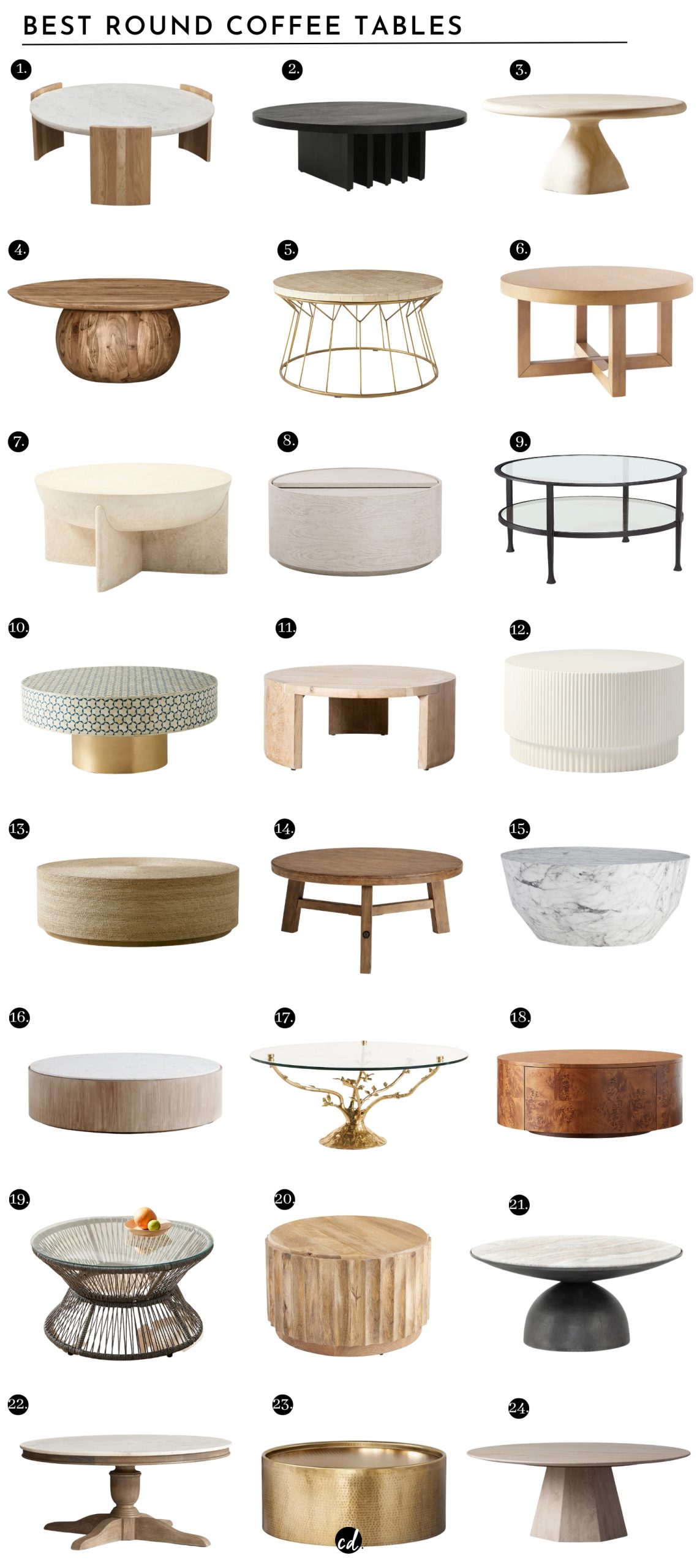 Best Round Coffee Tables:
1. Whilem Round Coffee Table | 2. Pentwater Round Coffee Table | 3. Espira Round Cream Marbled Resin Coffee Table | 4. Jace Round Coffee Table | 5. Hourglass Indoor/Outdoor Coffee Table | 6. Rose Park Round Wood Coffee Table | 7. Monti Lava Stone Coffee Table | 8. Volume Round Storage Drum Coffee Table | 9. Tanner Round Glass Coffee Table | 10. Targua Inlay Coffee Table | 11. Kerstan Coffee Table | 12. Fluted Coffee Table | 13. Point Reyes Round Coffee Table | 14. Rustic Farmhouse Round Coffee Table | 15. Martel Coffee Table | 16. Troupe Round Pine Coffee Table | 17. Tree Dwelling Coffee Table | 18. Burl Rotating Coffee Table | 19. Salento Coffee Table | 20. Ishan Round Driftwood Ridged Coffee Table | 21. Bellaire Coffee Table | 22. Alexandra Round Marble Coffee Table | 23. Manila Round Hammered Drum Coffee Table | 24. Modena Round Coffee Table @chloedominik