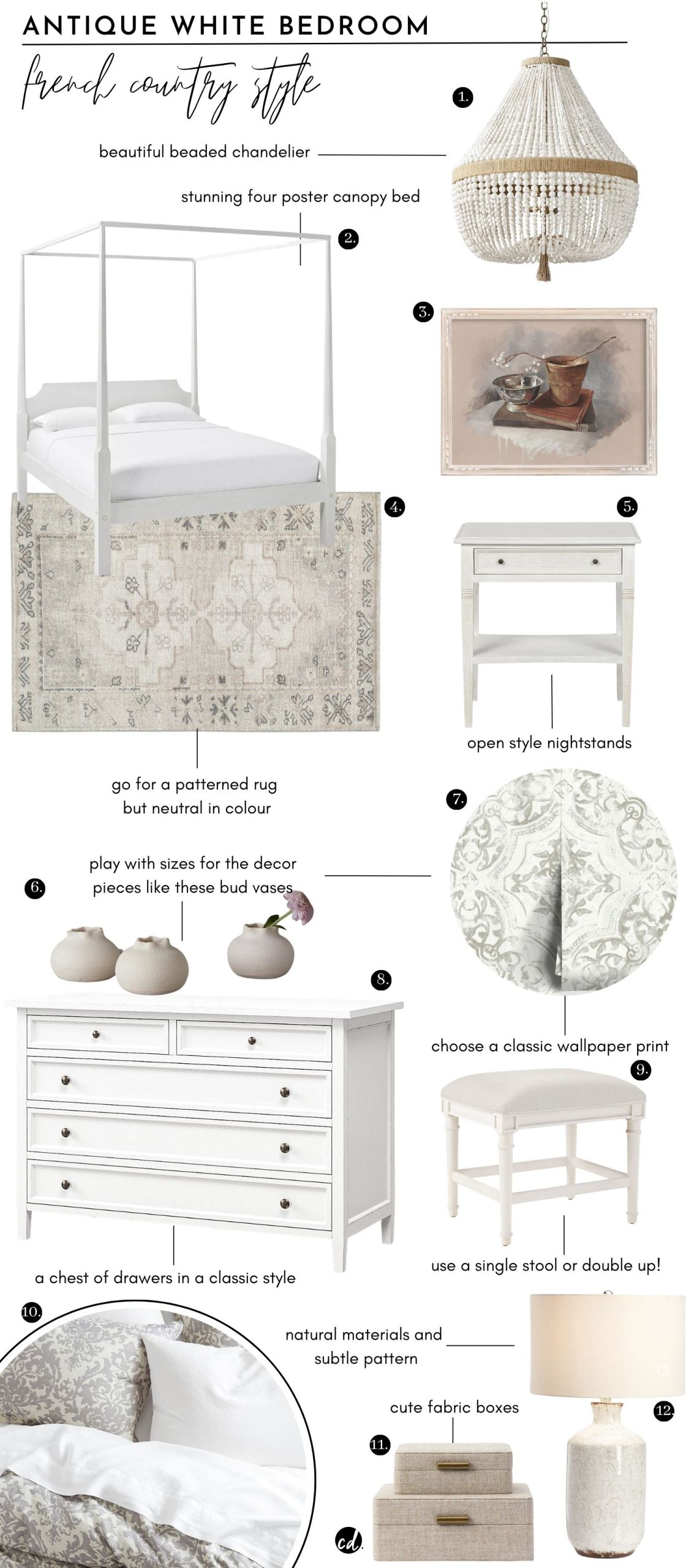 Antique White Bedroom - French Country Style
1 Ventura Chandelier | 2. Whitaker Four Poster Bed | 3. Still Life Art Print | 4. Aurelia Hand Knotted Rug | 5. Luna One Drawer Nightstand | 6. Mel Vases (Set of 3) | 7. Turia Wallpaper | 8. Harbor White Dresser | 9. Bridgeway Stool | 10. Jacquard Medallion Bedding | 11. Natural Fabric Boxes | 12. Bethany Ceramic Table Lamp