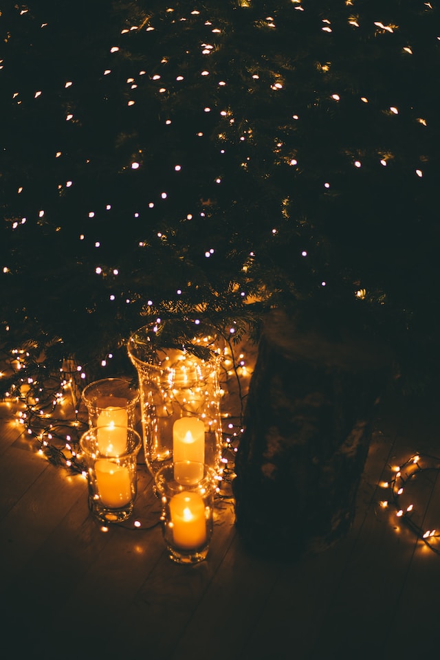 Twinkle lights and candlelight on a dark night
