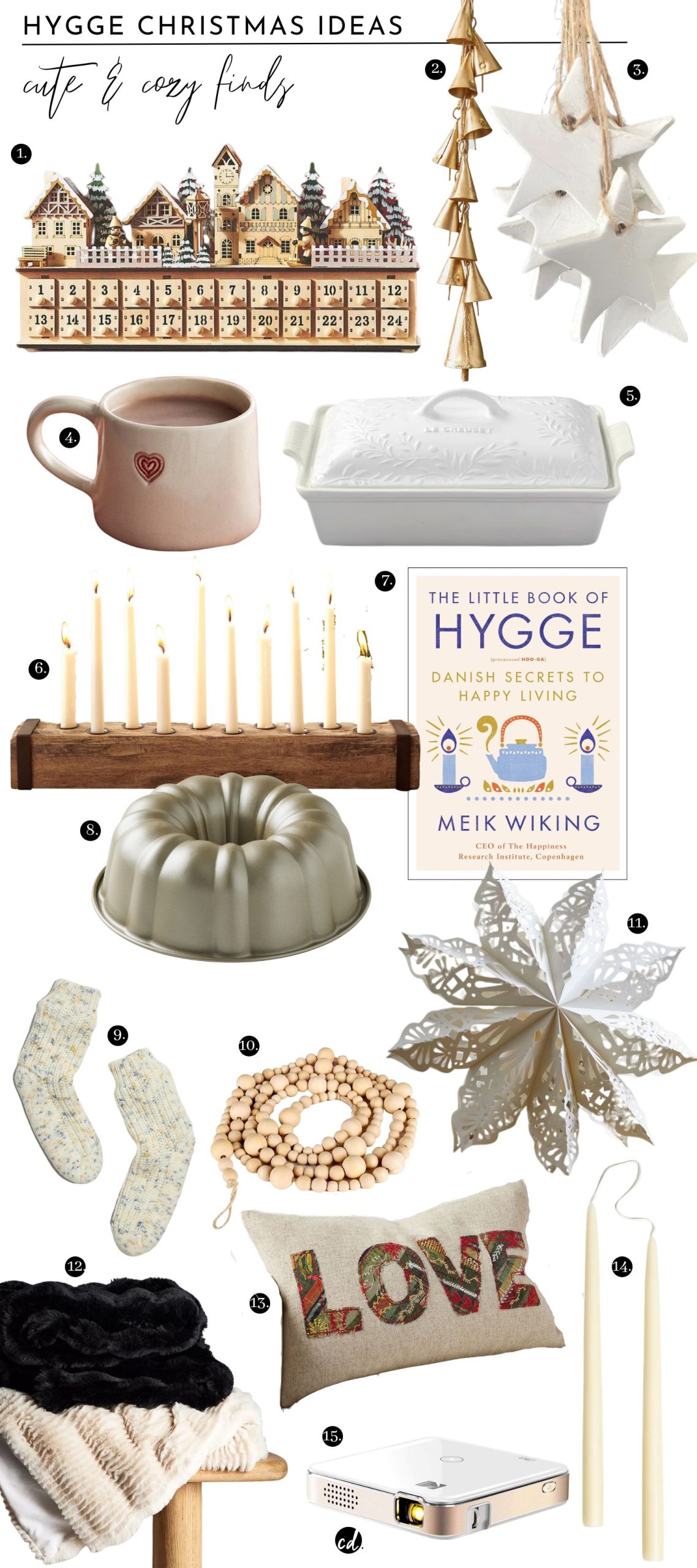 Hygge Christmas Ideas: 

1. Cindy Advent Calendar | 2. Dangling Bells Ornament | 3. White Clay Stars Set | 4. Icon Ceramic Mug | 5. Le Creuset Olive Branch Casserole Dish | 6. Woodbine Taper Piece | 7. The Little Book of Hygge | 8. Fluted Tube Cake | 9. Cozy Knit House Socks | 10. Wood Beads Garland | 11. Large Paper Snowflakes | 12. Aden Faux Fur Throw Blankets | 13. Love Patchwork Lumbar Pillow | 14. Dipped Taper Candles | 15. Kodak Mini Projector