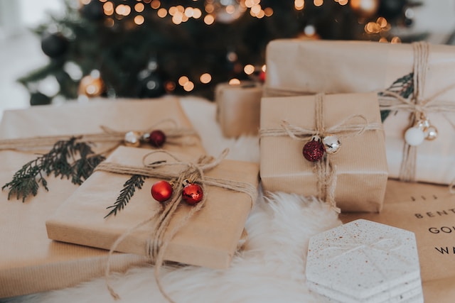 Christmas presents in neutral gift wrap