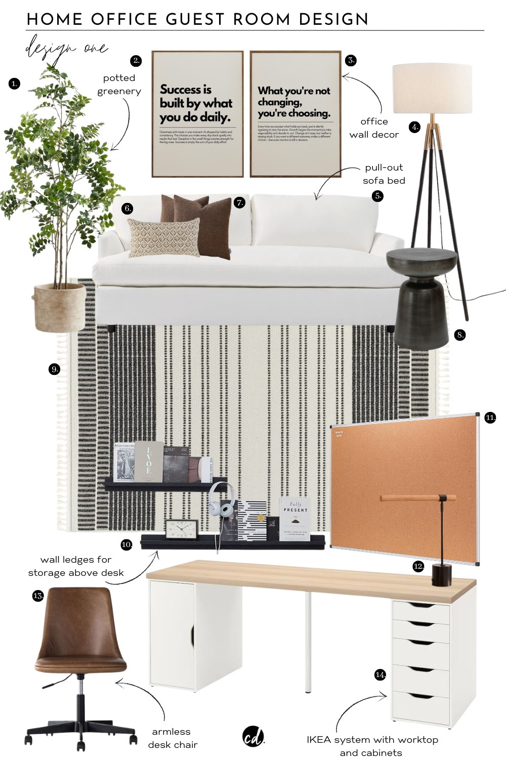 Home Office Guest Room Design One: A modern sleeper sofa, with textured cushions and tripod light next to it. A cozy textured striped area rug with an IKEA workstation with a cork board and desk lamp and a leather swivel swivel chair. From Chloe Dominik blog