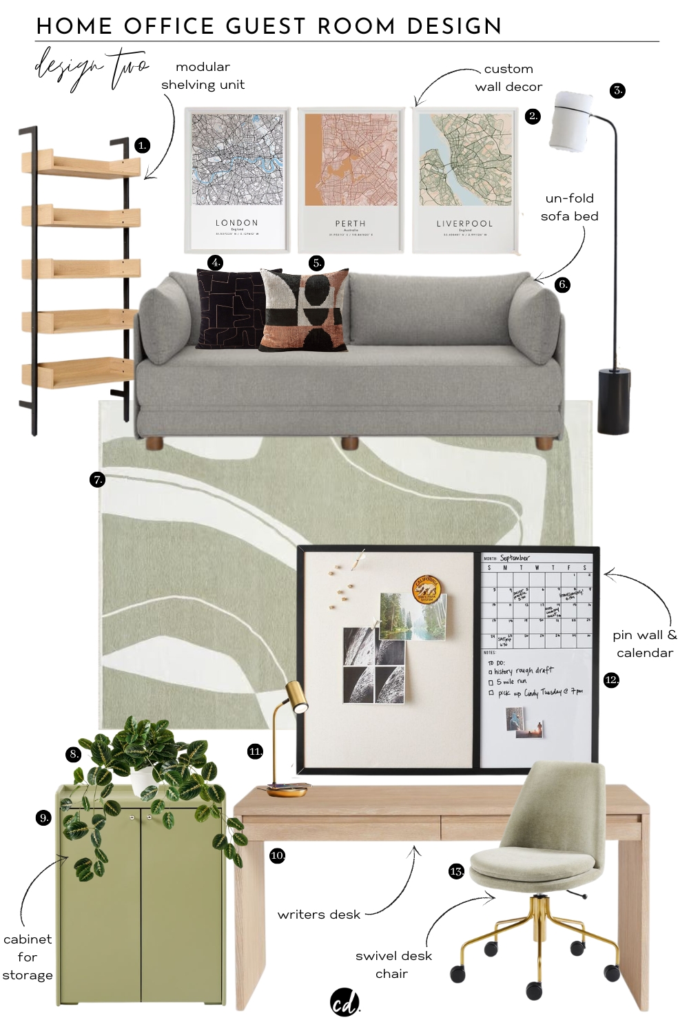 Home Office Guest Room Design Two: Modular storage shelves, an pull out sofa bed from Burrow. Complete with a writing station, desk and green storage cabinet. From Chloe Dominik blog