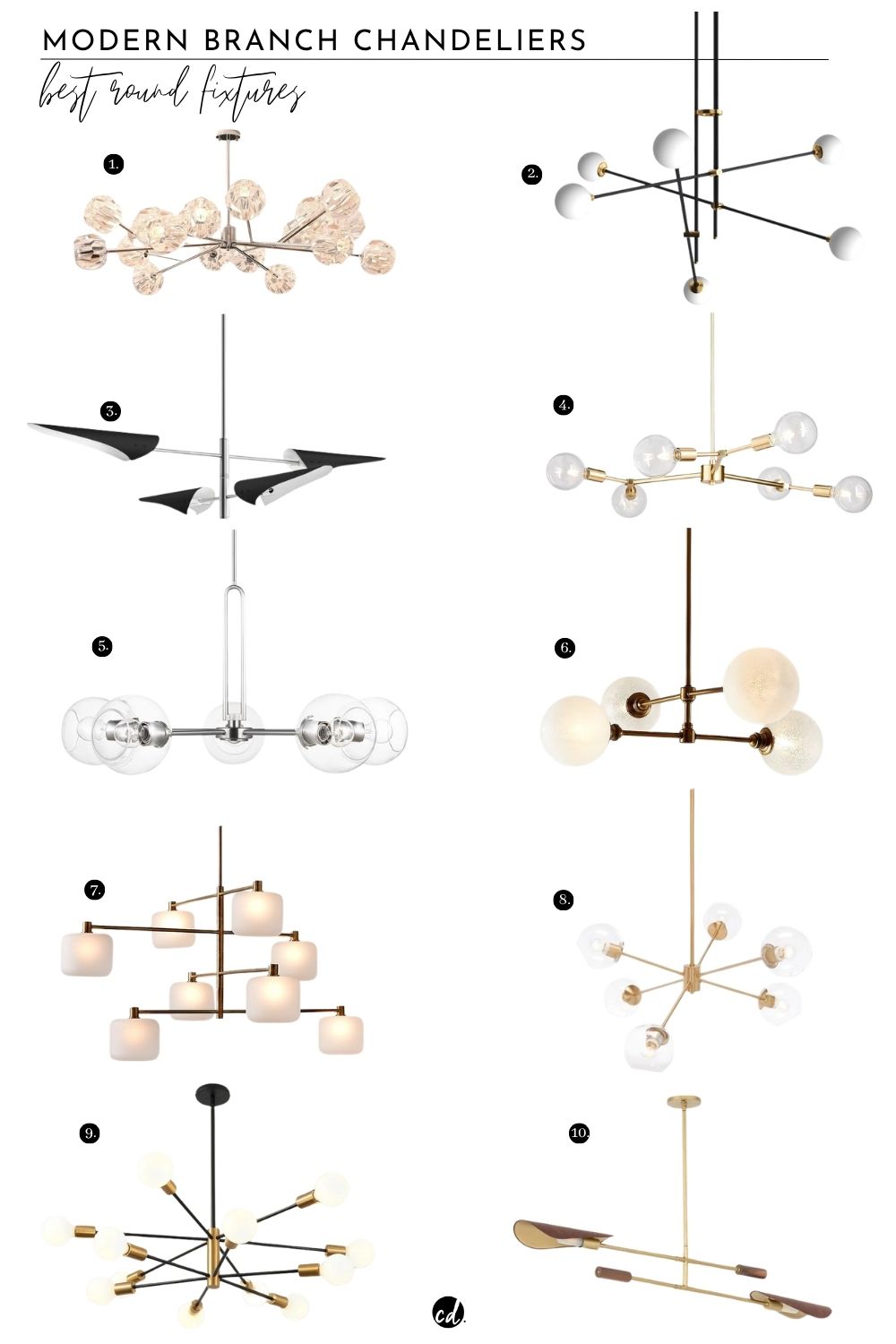 Modern Branch Chandelier Round Fixtures:
1 Titus 18 Sputnik Modern Chandelier || 2. Thaddeus 6 - Light Sputnik Chandelier || 3. Cortina 4-Light Metal Chandelier || 4. Salem Bare Bulb Chandelier || 5. Hanford 5 - Light Sputnik Chandelier || 6. Bouldin Salt Blasted Glass Chandelier Light || 7. Colombe Burnished Brass Glass Chandelier Light || 8. Corie 6 Light Metal Sputnik Chandelier || 9. Croner 12 - Light Sputnik Modern Linear || 10. Canlish Leather Pendant
@chloedominik.com
