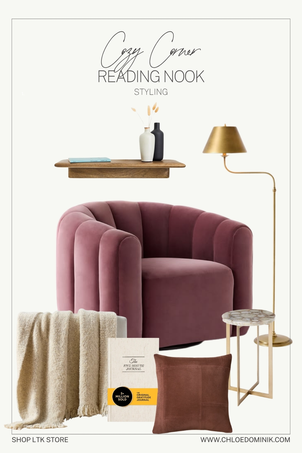 Cozy Reading Nook: Styling Idea One - Beautiful channeled rose coloured velvet chair, gold floor lamp with agate top side table, cream boucle throw and patchwork chenille pillow. Shop the cozy reading nook on chloe_dominik LTK