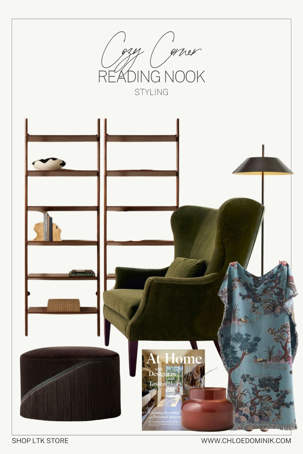 Cozy Reading Nook: Styling Idea Three - A dark velvet green velvet wing chair with a fringe ottoman and a patterned throw to cozy up with. A metal floor lamp shop the look chloe_dominik LTK