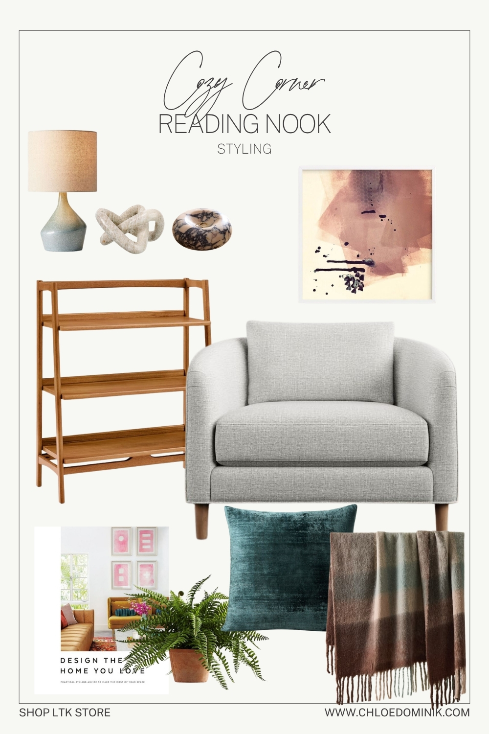 Cozy Reading Nook: Styling Idea Two - Mid-century grey, with bookshelf for storage and abstract painting above shop the look chloe_dominik LTK