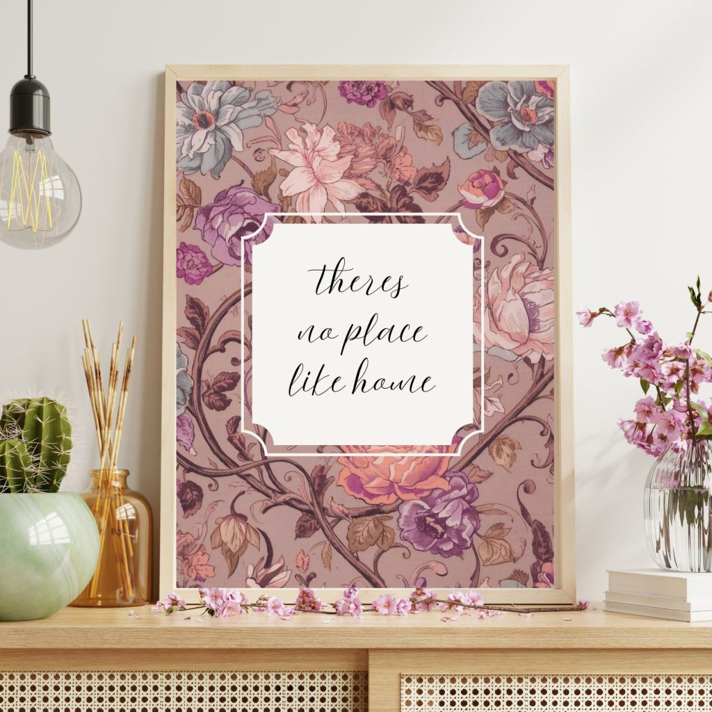Theres No Place Like Home Vintage Style William Morris Pink - DomInkings Art Prints Etsy Shop